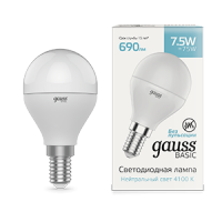 Gauss Лампа Basic Шар 7,5W 690lm 4100K E14 LED 1/10/100 1053128 фото