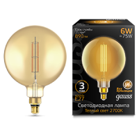 Gauss Лампа Filament G200 6W 890lm 2700К Е27 golden straight LED 154802118 фото