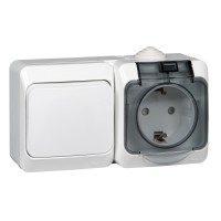 Этюд Белый Блок Выключатель 1-клав + розетка с заземлением, со шторками IP44 наружный BPA16-241B фото