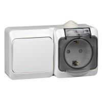 Этюд Белый Блок Переключатель 1-клав + розетка с заземлением, со шторками IP44 наружный BPA16-246B фото