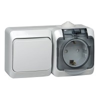 Этюд Серый Блок Переключатель 1-клав + розетка с заземлением, со шторками наружный IP44 BPA16-246C фото