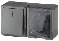 ЭРА Блок розетка+выключатель двойной IP54, 16A(10AX)-250В, открытая установка, Эксперт, серый Б0020736 фото