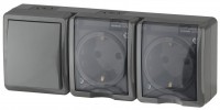 ЭРА Блок две розетки+выключатель IP54, 16A(10AX)-250В, открытая установка, Эксперт, серый Б0027674 фото